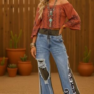 Boho Elastic Waist Pockets Wide-Leg Camo Print Denim Pants